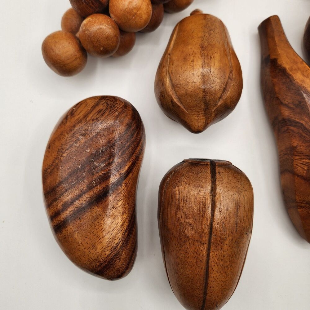 Carved Wooden Fruit 9 Pieces Dining Table Decor MCM Grapes Pear Apple Banana - Picture 3 of 15